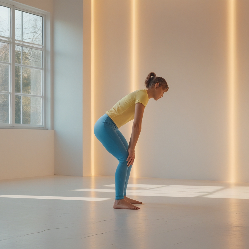 Person performing a gentle standing forward bend stretch in a bright minimalist studio space, warm natural light through tall windows, calm atmosphere emphasizing measured movement