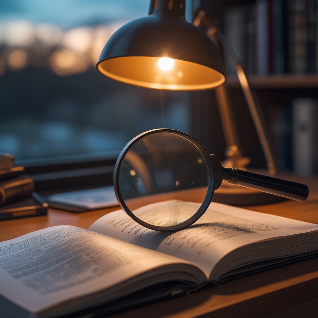 Close-up of open reference books and a magnifying glass on a clean wooden desk in warm focused lamp light, suggesting careful academic research and knowledge curation