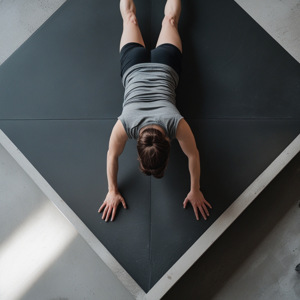 Overhead view of a person performing a plank position on a dark minimalist floor, geometric composition emphasizing body alignment and core tension