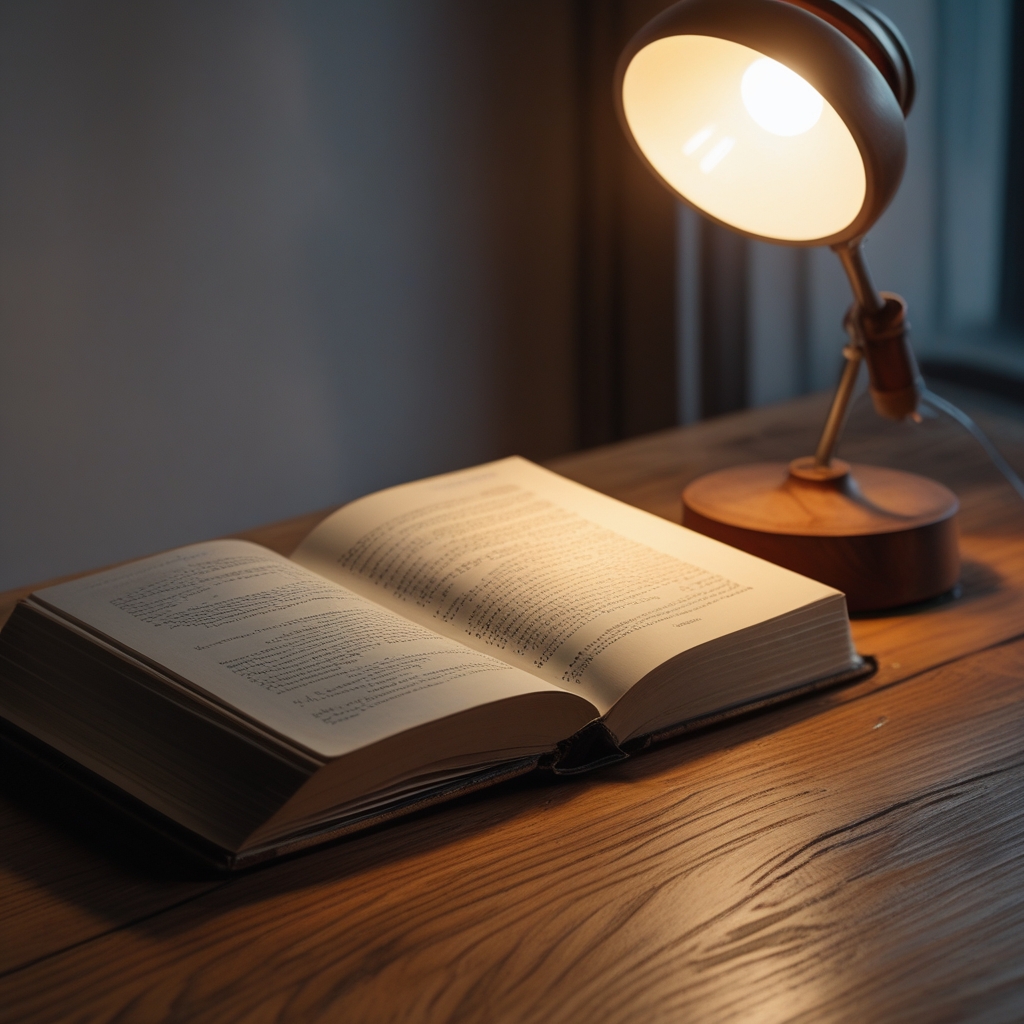 Open hardcover book on a wooden desk with warm focused desk lamp light, pages slightly fanned out, creating a sense of quiet study and intellectual depth